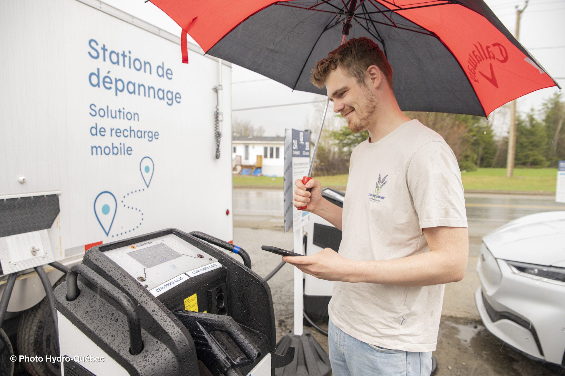 Homme devant une borne de recharge avec un téléphone et un parapluie en main.