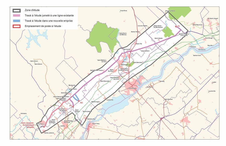 Carte du tracé de ligne électrique et deux emplacements de postes dans l’axe Vallée-du-Saint-Laurent