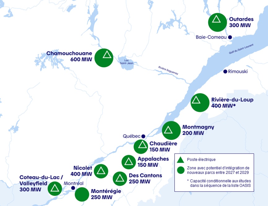 Carte du potentiel d’intégration au réseau d’Hydro-Québec pour une mise en service en 2027, en 2028 et en 2029