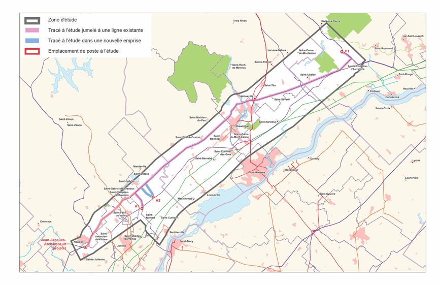 Carte du tracé de ligne électrique et deux emplacements de postes dans l’axe Vallée-du-Saint-Laurent